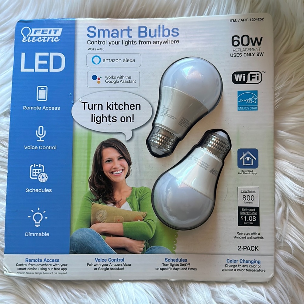 Feit Electric Smart Wi-Fi LED Color Changing Dimmable 60W Light, White 2 Pack